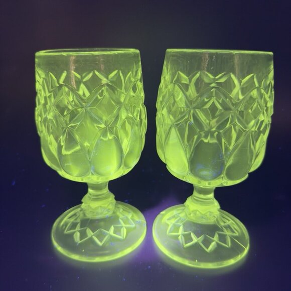 Antique Adams Glass Co Jacobs Tears Clear Goblets Cups Set 2 Manganese 365nm UV - Picture 1 of 15